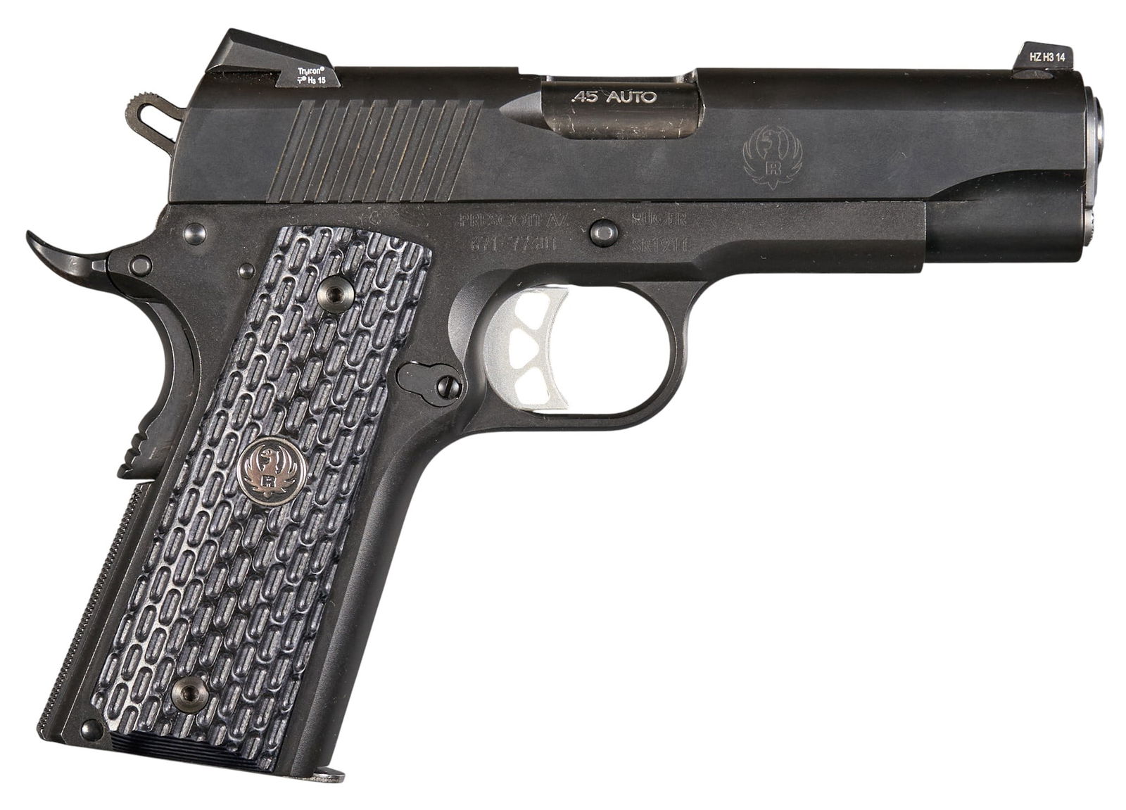 Ruger SR1911 Night Watchman 45 ACP Semi Auto Pistol: Serial: 671-77301Manufacturer: RugerModel: SR1911 Night WatchmanCaliber: 45 ACPBarrel length: 4.25 in.OAL: 8 in.Condition: Very Good; very light wear & handling marks; bore is mostly very good &am