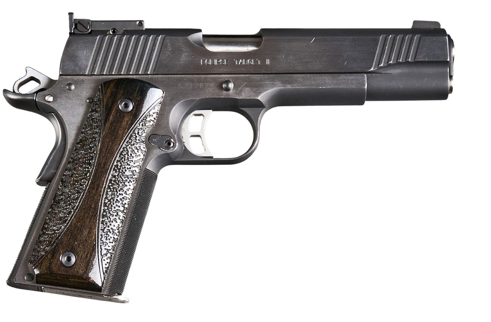 Kimber Eclipse Target II 45 ACP Semi Auto Pistol: Serial: K212824Manufacturer: Kimber - Yonkers, NYModel: Eclipse Target IICaliber: 45ACPBarrel length: 5 in.OAL: 8.5 in.Condition: Good; some light wear & handling marks including a small chip on t