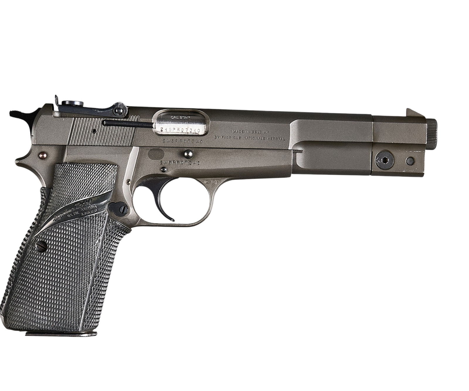 FN Browning Hi Power GP Competition 9mm Semi Auto Pistol: Serial: 245PR07340Manufacturer: FN-Belgium / Browning (c. 1987)Model: Hi Power GP CompetitionCaliber: 9mmBarrel length: 6.125 in. OAL: 9.5 in.Condition: Very Good; grips have light wear; sli