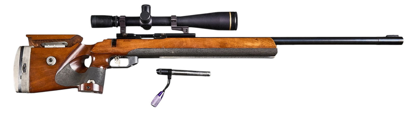 J.G. Anschutz Model 1813 Supermatch 22 LR Competition Rifle W/ Leupold Scope and Accessories: Serial: 194058Manufacturer: J.G. Anschutz-West GermanyModel: 1813 SupermatchCaliber: 22 LRBarrel length: 27.25 in.OAL: 43.25 in.Condition: Good; wood stock has light wear & scratches; barrel &