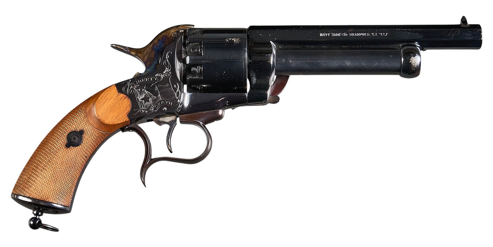 Texas Engraved Navy Arms Co. LeMat Revolver W/ Holster: Serial: JB 101Manufacturer: Pietta-Italy / Navy Arms Co. Model: LeMatCaliber: 44 / 20 Ga.Barrel Length: 6.75 in. (pistol); 5 in. (shotgun)OAL: 13.5 in.Condition: Good; wood grips have light wear;