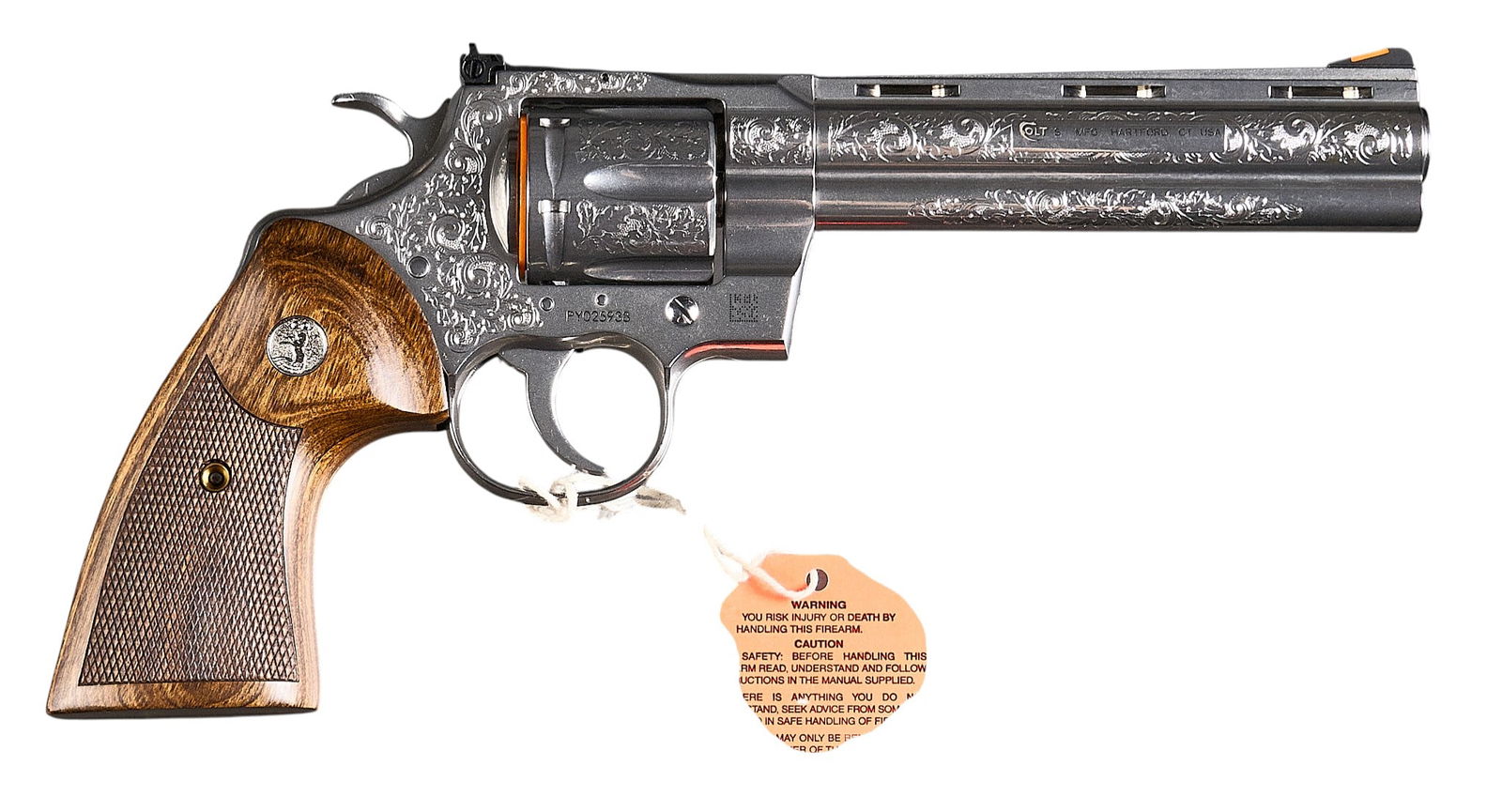 NIB Class "C" Factory Engraved Colt Python 357 Magnum Revolver: Serial: PY025938Manufacturer: Colt's P.T. F.A. MFG. Co. (c. 2020)Model: Python (SP6WTS, Colt Custom Shop Armory “C” Engraving)Caliber: 357 MagnumBarrel length: 6 in.Condition: Factory