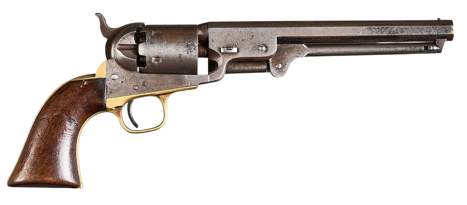 Antique Civil War Era Colt Model 1851 Navy 36 Cal. Revolver: Serial: 196620Manufacturer: Colt (c. 1866)Model: 1851 NavyCaliber: 36 cal.Barrel length: 7.5 in.OAL: 13.25 in.Condition: Good-Antique; wood grips have moderate wear & patina commensurate w/ age; b