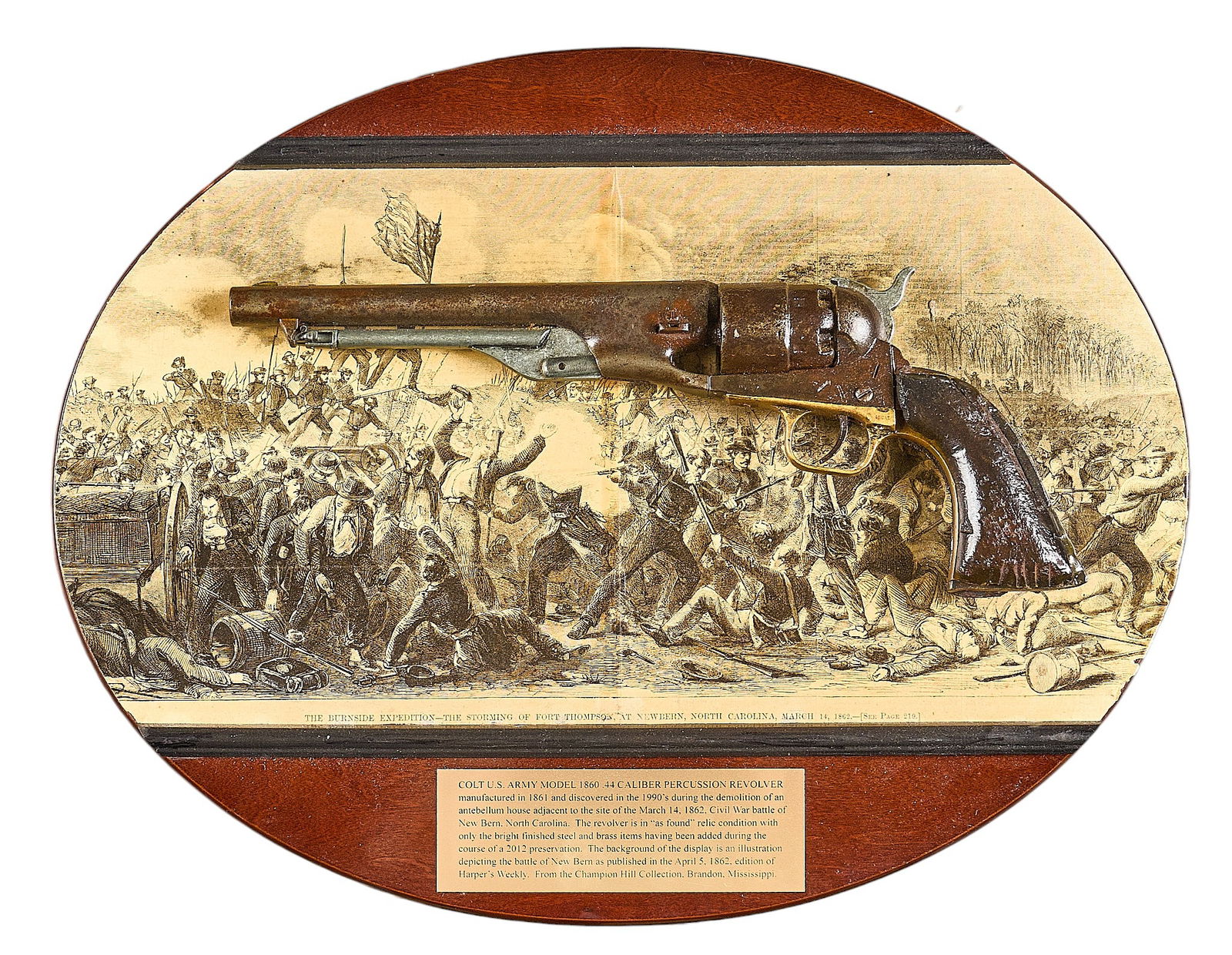 Antique Mounted Relic Civil War Colt 1860 Army Revolver from the Battle of New Bern: Serial: 23661Manufacturer: Col. Saml. Colt- New York U.S.A. America (c. 1861)Model: 1860 ArmyCaliber: 44 Cal.Barrel Length: 8 in.OAL: 14 in.Board: 19 in. W x 15 in. HCondition: Antique Relic condition