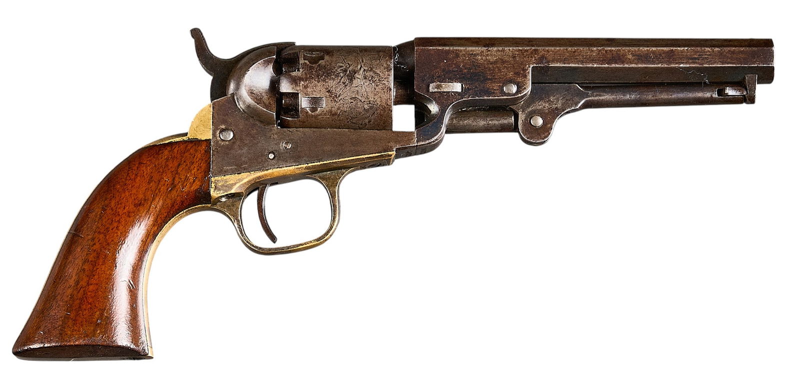 Nice Antique Colt 1849 Pocket 31 Cal. Revolver: Serial: 249771Manufacturer: Colt (c. 1863)Model: 1849 PocketCaliber: 31 cal.Barrel length: 5 in.OAL: 9.75 in.Condition: Very Good-Antique; wood grips have moderate wear & patina commensurate