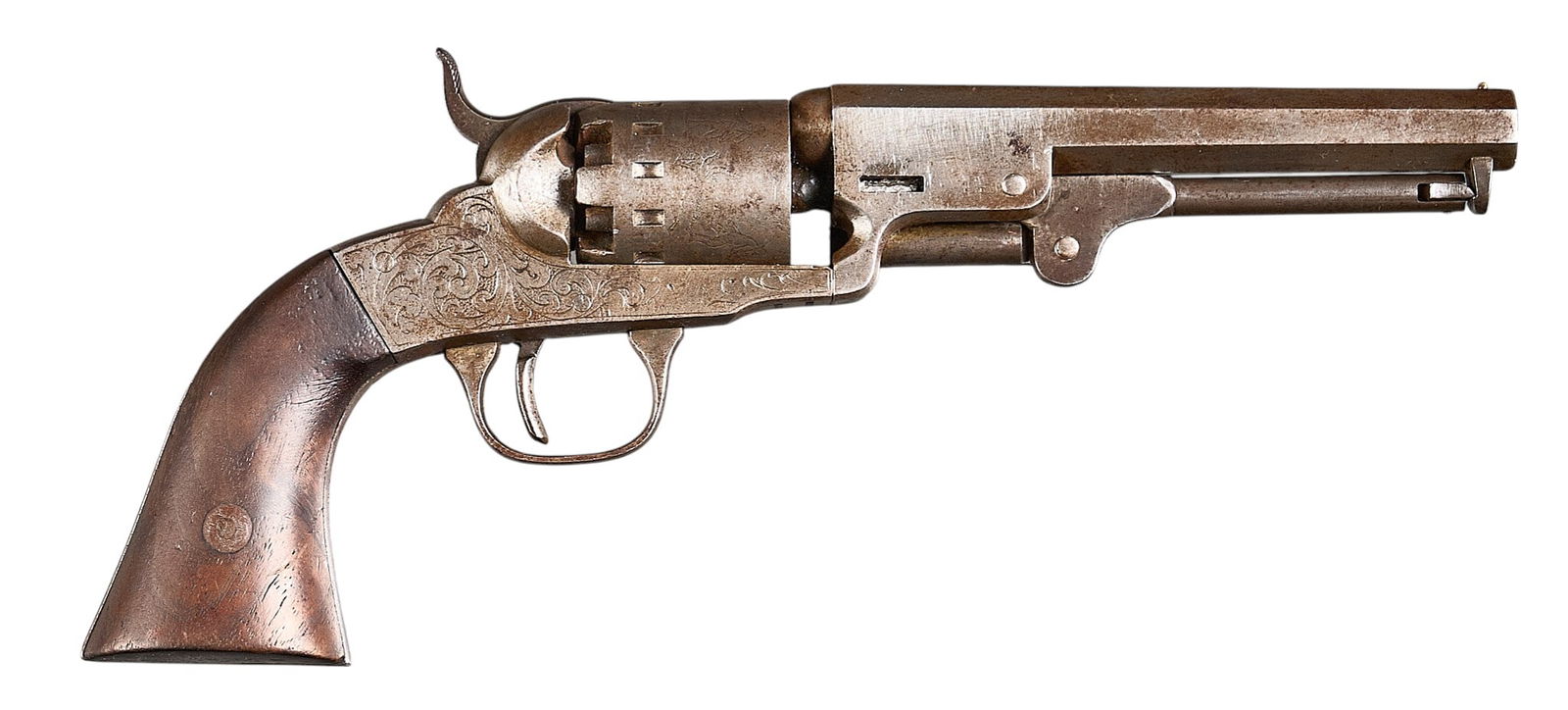 Civil War Era Manhattan Fire Arms Second Series Pocket Revolver: Serial: 564Manufacturer: Manhattan Firearms Co. (c. late 1850s-early 1860s)Model: Second Series PocketCaliber: 31 cal.Barrel length: 5 in.OAL: 10 in.Condition: Fair-Good / Antique; wood grips hav