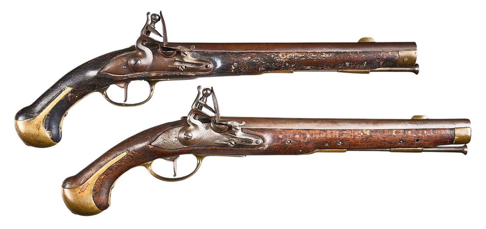 Pair of Antique Regiment Marked Danish M1772 Flintlock Dragoon Pistols: Manufacturer: Danish maker (c. 1770s)Model: M1772 Dragoon (numbered "2" and "11")Caliber: 69 Cal.Barrel length: 12.5 in.OAL: 20.5 in.Condition: Each are in Good-Antique condition;