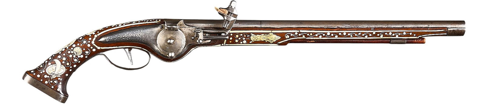 Beautiful 17th Century Germanic Wheellock Pistol W/ Bone Inlay: Manufacturer: Germanic (c. 1620s-1650s)Model: Wheellock pistolCaliber: 58 boreBarrel length: 16.5 in.OAL: 25 in.Condition: Very Good-Antique; wood stock has wear & patina commensurate w/ age; some