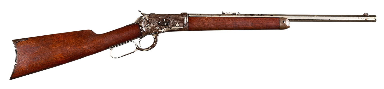 Engraved Special Order Winchester 1892 44 WCF Lever Action Rifle: Serial: 459705Manufacturer: Winchester Repeating Arms Co. (c. 1908)Model: 1892Caliber: 44-40 WCFBarrel Length: 20 in.OAL: 38.125 in.Condition: Good-Fair; wood stock & forend have moderate wear com