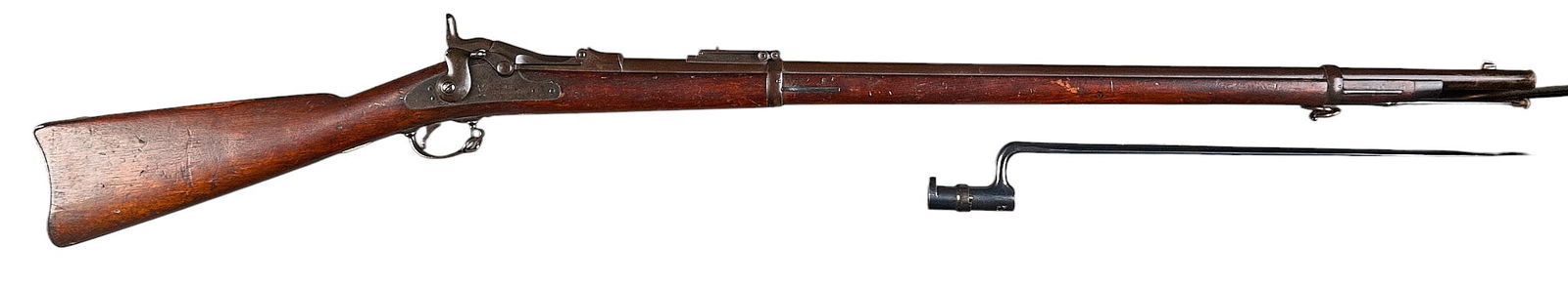Antique US Springfield Model 1884 Trapdoor Rifle W/ Bayonet: Serial: 420140Manufacturer: Springfield ArmoryModel: US M1884 TrapdoorCaliber: 45-70Barrel Length: 32 in.OAL: 51.75 in.Condition: Good-Antique; wood stock & forend pieces have fair amount of wear,