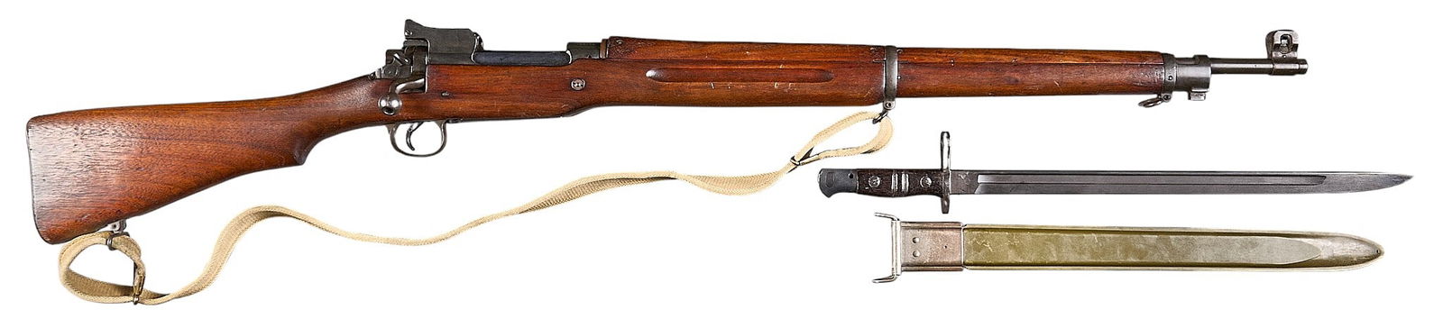 US M1917 Eddystone 30-06 Bolt Action Rifle W/ Bayonet: Serial: 1358185Manufacturer: Eddystone ArsenalModel: M1917Caliber: 30-06Barrel Length: 26 in. OAL: 46.25 in.Condition: Good; wood stock & handguard have mostly moderate wear & patina