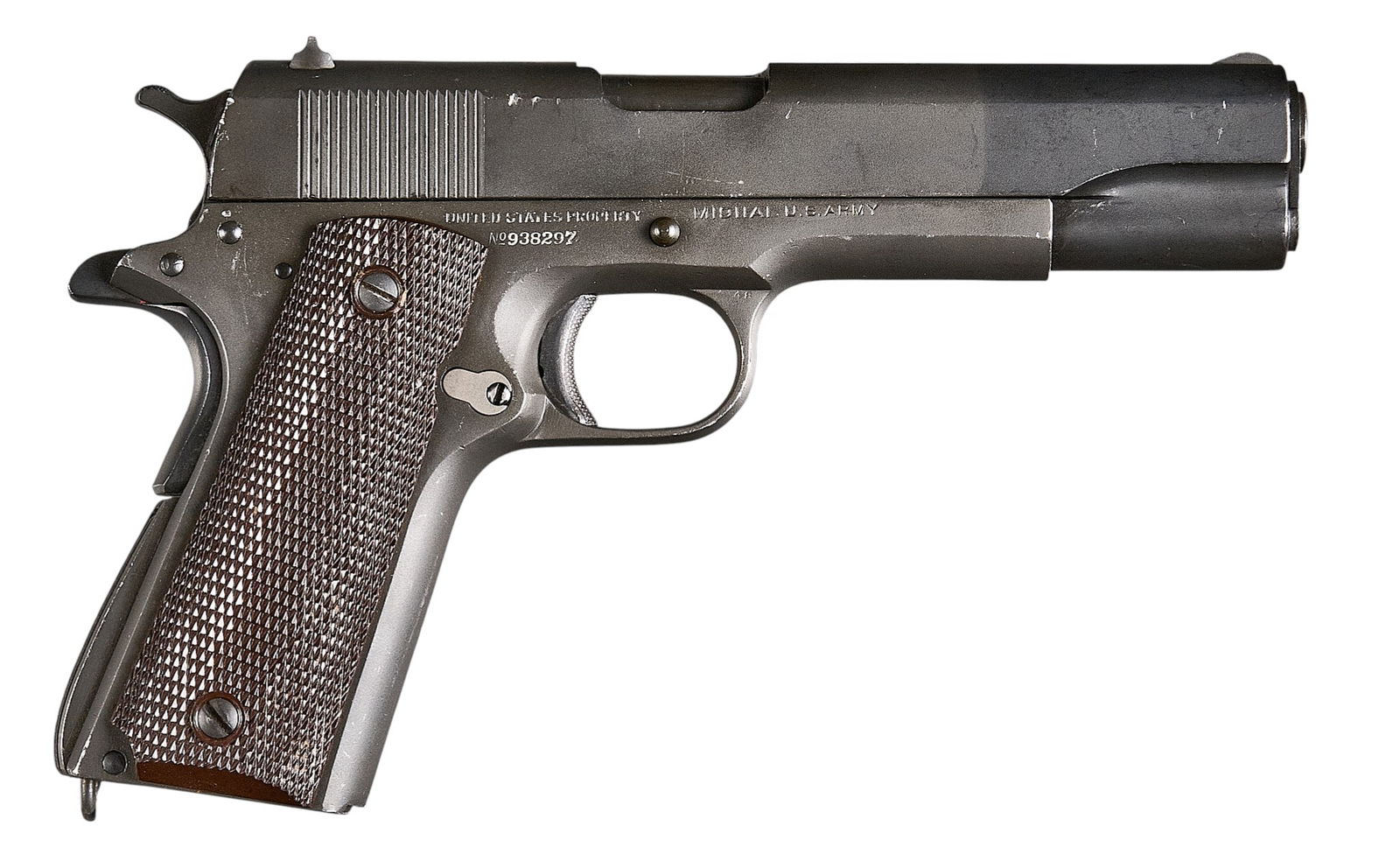 CMP Service Grade WWII Colt M1911A1 45 ACP Pistol: Serial: 938297Manufacturer: Colt's PT. F.A. Mfg. Co. (c. 1943)Model: M1911A1 U.S. Army (CMP Service Grade)Caliber: 45 ACPBarrel length: 5 in.OAL: 8.75 in.Condition: CMP Service Grade; Pistol