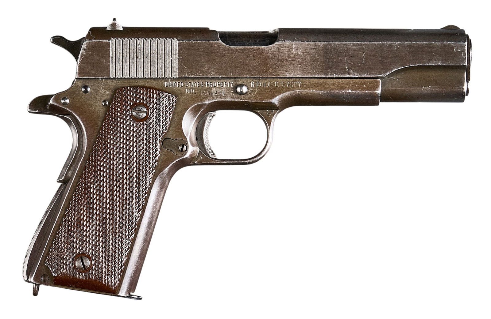WWII Remington Rand M1911 A1 US Army Semi Auto Pistol: Serial: 1481430Manufacturer: Remington Rand Inc. (c. 1943)Model: M1911A1 U.S. ArmyCaliber: 45 ACPBarrel Length: 5 in.OAL: 8.75 in.Condition: Good; plastic grips have moderate wear w/ gouge in left gri