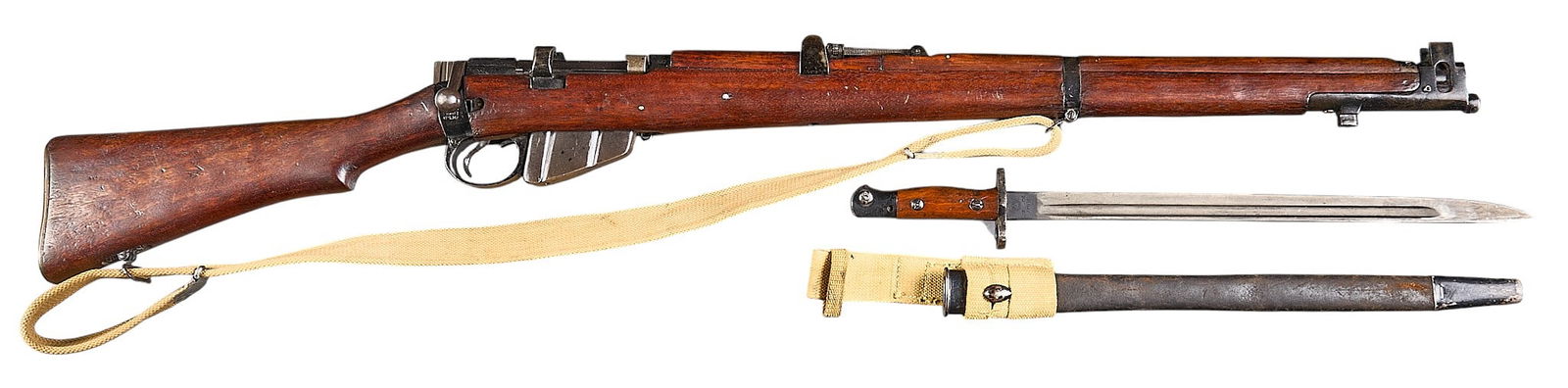 RFI Ishapore Enfield No.1 MK 3 303 British Rifle W/ Bayonet: Serial: 3571ADManufacturer: RFI-Ishapore, India / TGI (c. 1918)Model: No.1 MK 3Caliber: 303 BritishBarrel Length: 25 in.OAL: 44.25 in.Condition: Fair-Good; wood stock & handguard/forend have moder