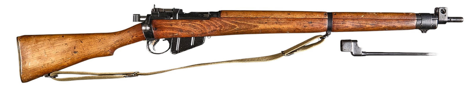 WWII British Enfield No.4 MK2 303 Rifle W/ Bayonet: Serial: A12235Manufacturer: English ArsenalModel: No.4 MK2Caliber: 303 BritishBarrel length: 25 in.OAL: 44.25 in.Condition: Good; wood stock & handguard have wear & patina commensurate w/ age