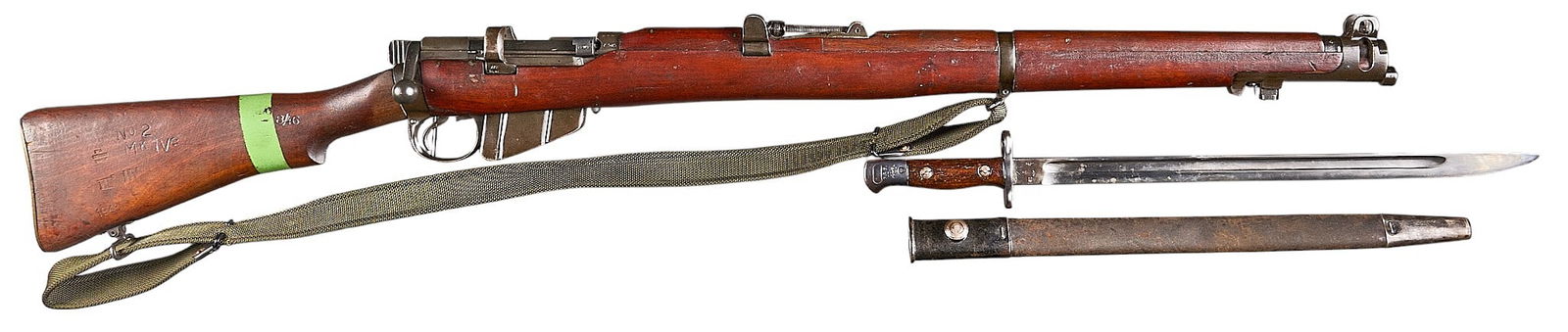 WWII Australian Lithgow No.2 MKIV* 22 LR Training Rifle W/ Bayonet: Serial: C75152Manufacturer: Lithgow Arsenal-Australia / JJ Co.-NY, NY (c. 1941)Model: No.2 MK IV* (converted from 303 No.1 MK III*)Caliber: 22 LRBarrel Length: 25 in. OAL: 44.25 in.Condition: Goo