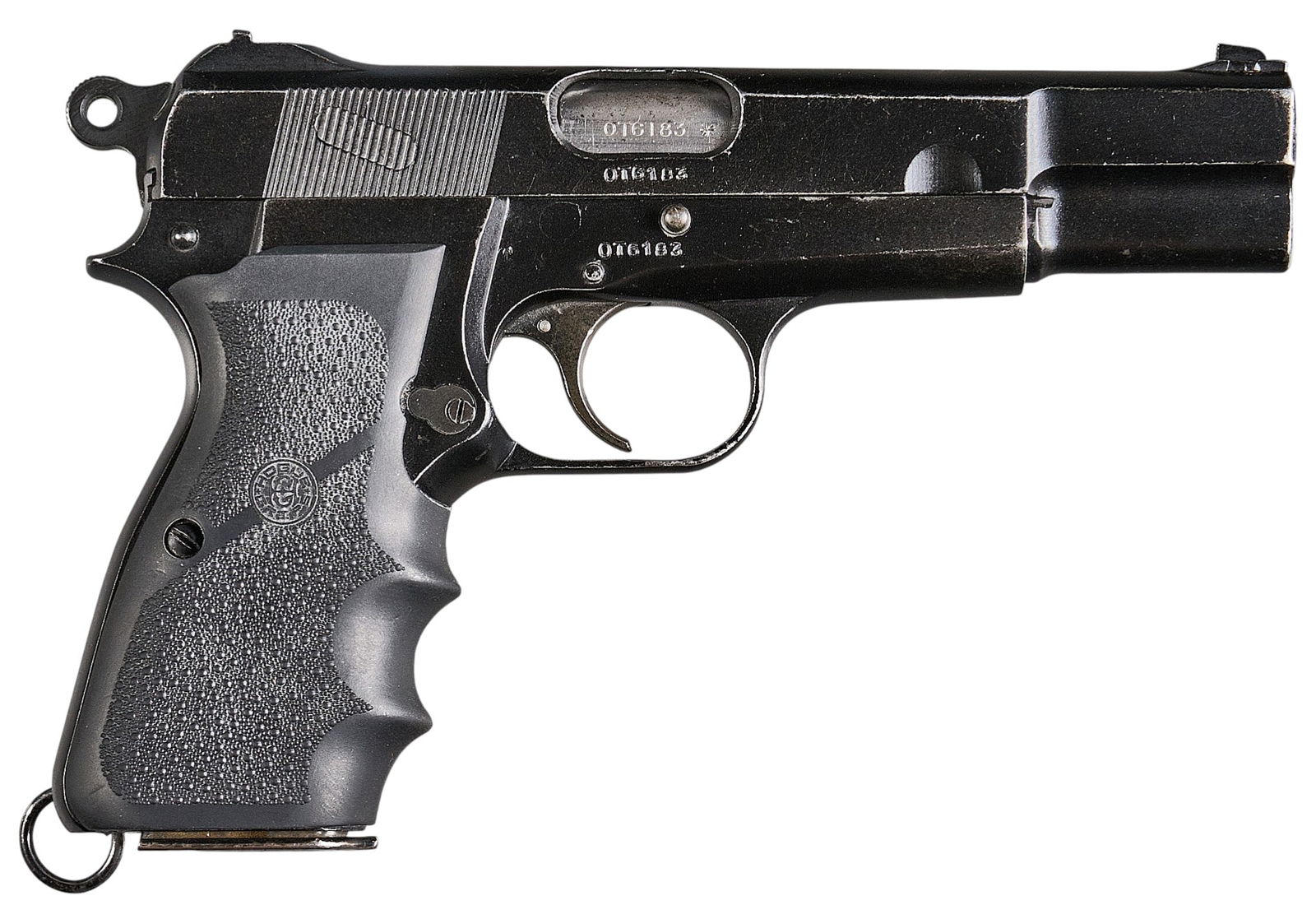 WWII Canadian Inglis Hi Power Mk I* 9mm Semi Auto Pistol: Serial: 0T6183Manufacturer: Inglis-Canada (c. 1944)Model: Hi-Power MKI*Caliber: 9mmBarrel Length: 4.75 in. OAL: 8 in.Condition: Good; rubber grips have light wear; slide & frame have moderate