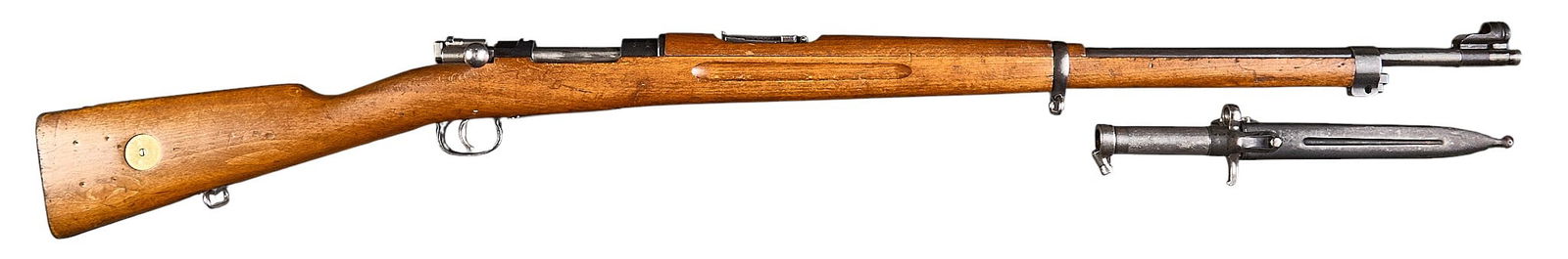 Pre-WWI Mauser M96 6.5x55 Bolt Action Rifle W/ Bayonet: Serial: 22568Manufacturer: Waffenfabrik Mauser Oberndorf-Germany (c. 1899) / Gibbs Inc. Model: M96 Caliber: 6.5x55Barrel Length: 29 in.OAL: 49.5 in.Condition: Good; wood stock & handguar