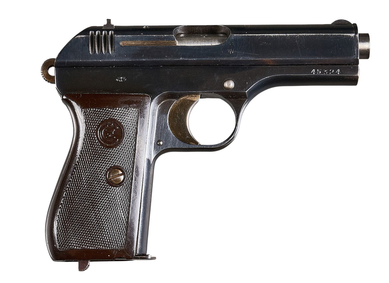 WWII German Occupied CZ Model 27 32 ACP Semi Auto Pistol: Serial: 45324Manufacturer: Bohmische Waffenfabrik A.G.-Prague / CZ Model: 27Caliber: 32 ACPBarrel Length: 3.875 in.OAL: 6.25 in.Condition: Good; plastic grips have moderate wear; frame has light