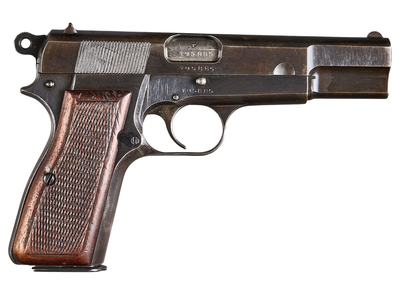 WWII German Occupation Belgian Hi Power 9mm Pistol: Serial: 195885Manufacturer: Fabrique National-BelgiumModel: Hi PowerCaliber: 9mmBarrel length: 4.75 in.OAL: 8 in.Condition: Good; wear & patina commensurate w/ age & service; appears to have b
