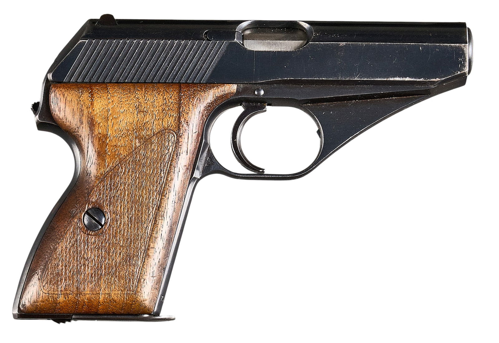 German Police Mauser HSc 32 ACP Semi Auto Pistol: Serial: 752359Manufacturer: Mauser Werke A.G. Oberndorf-GermanyModel: HScCaliber: 32 ACPBarrel Length: 3.375 in.OAL: 6.375 in.Condition: Good; wood grips have mostly moderate wear; left grip has been