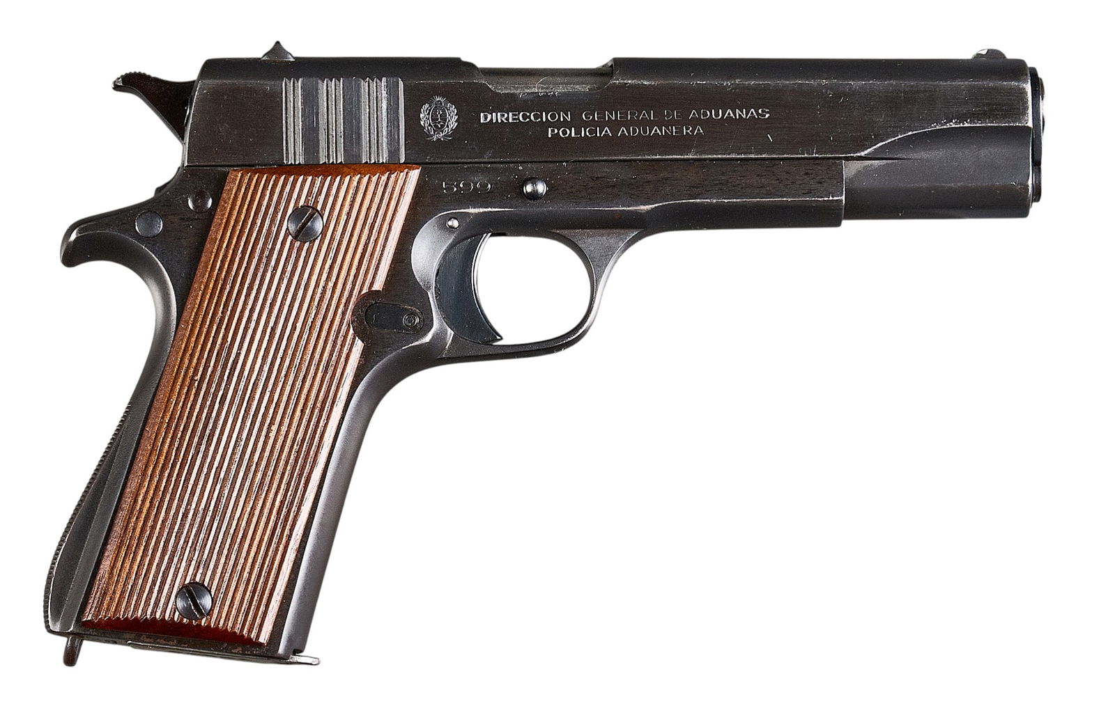 Argentine Customs Police Ballester-Molina 45 ACP Pistol: Serial: 50262Manufacturer: Fabricada HAFDASA.- ArgentinaModel: Ballester-MolinaCaliber: 45 ACPBarrel Length: 5 in.OAL: 8.75 in.Condition: Good; wood grips have light wear; slide & frame have moder