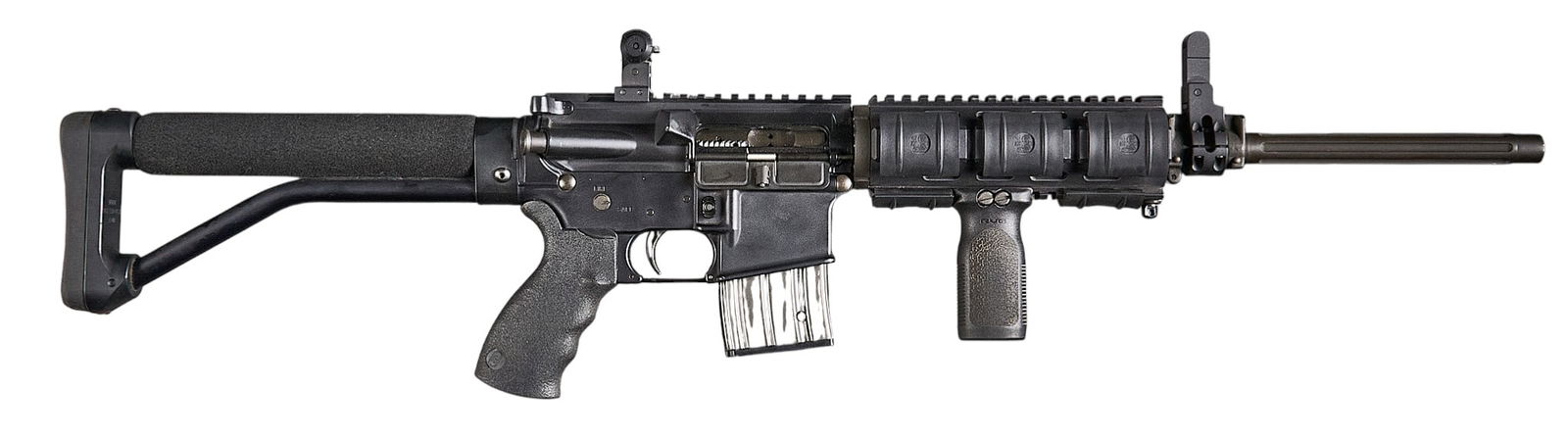 Bushmaster XM-15-E2S 5.56 NATO Semi Auto Rifle: Serial: L331233Manufacturer: Bushmaster (BFI)Model: XM15-E2SCaliber: 5.56 NATOBarrel length: 16.5 in.OAL: 34.5 in.Condition: Good-used; light used condition; good boreIncludes: YHM handguard quad-rail