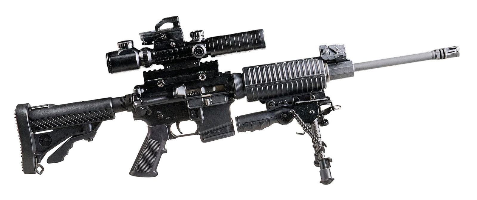 DPMS A-15 5.56 Semi Auto Rifle: Serial: FFH300982Manufacturer: DPMSModel: A-15Caliber: 5.56 NATOBarrel length: 16 in.OAL: 33.25-37 in.Condition: Good; mostly very light wear & handling marks; light carbon build up typical from u