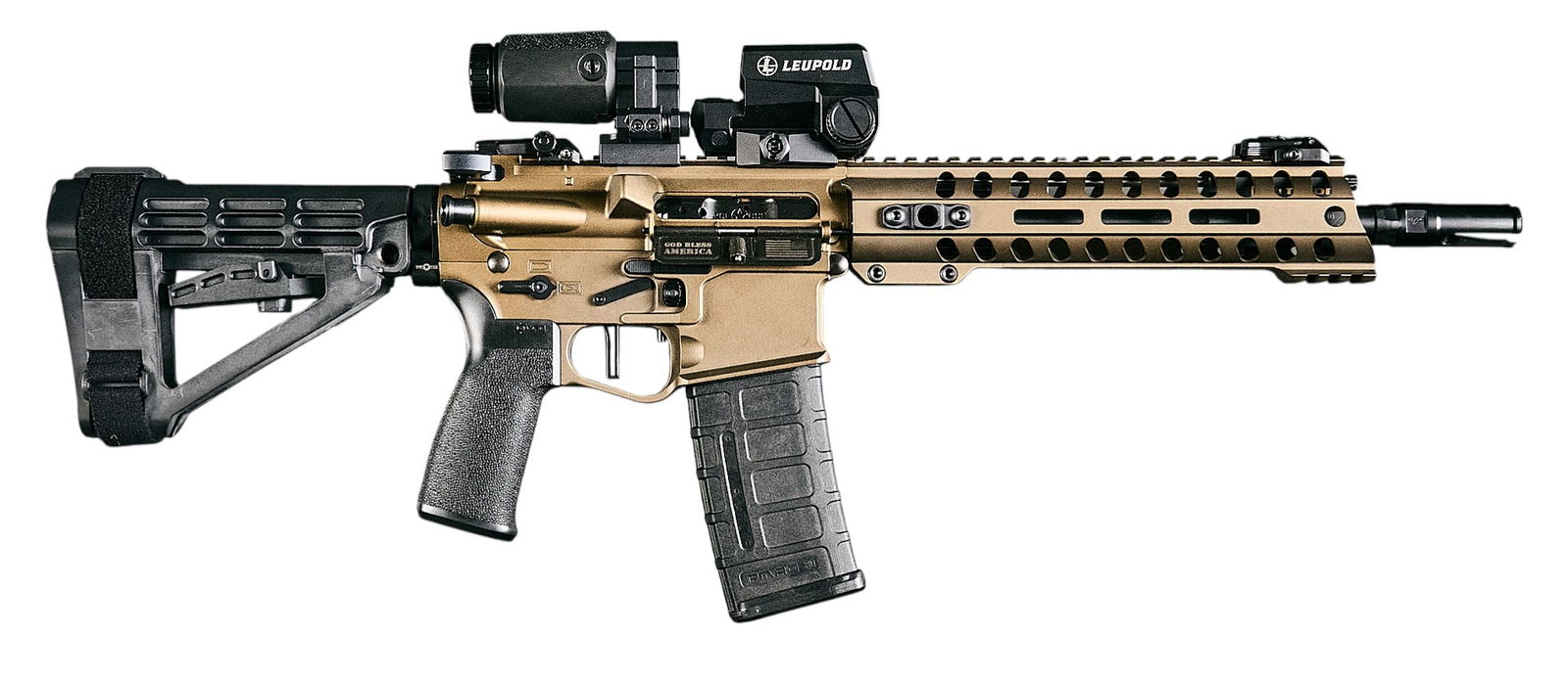 POF P-415 5.56 NATO Semi Auto Pistol W/ Leupold LCO and Aimpoint: Serial: BB-2002468Manufacturer: POF-ArizonaModel: P-415Caliber: 5.56 NATOBarrel Length: 12.5 in. w/ muzzle device (1:8 twist)OAL: 27.5-30.5 in.Condition: Very Good; light used condition; light handlin