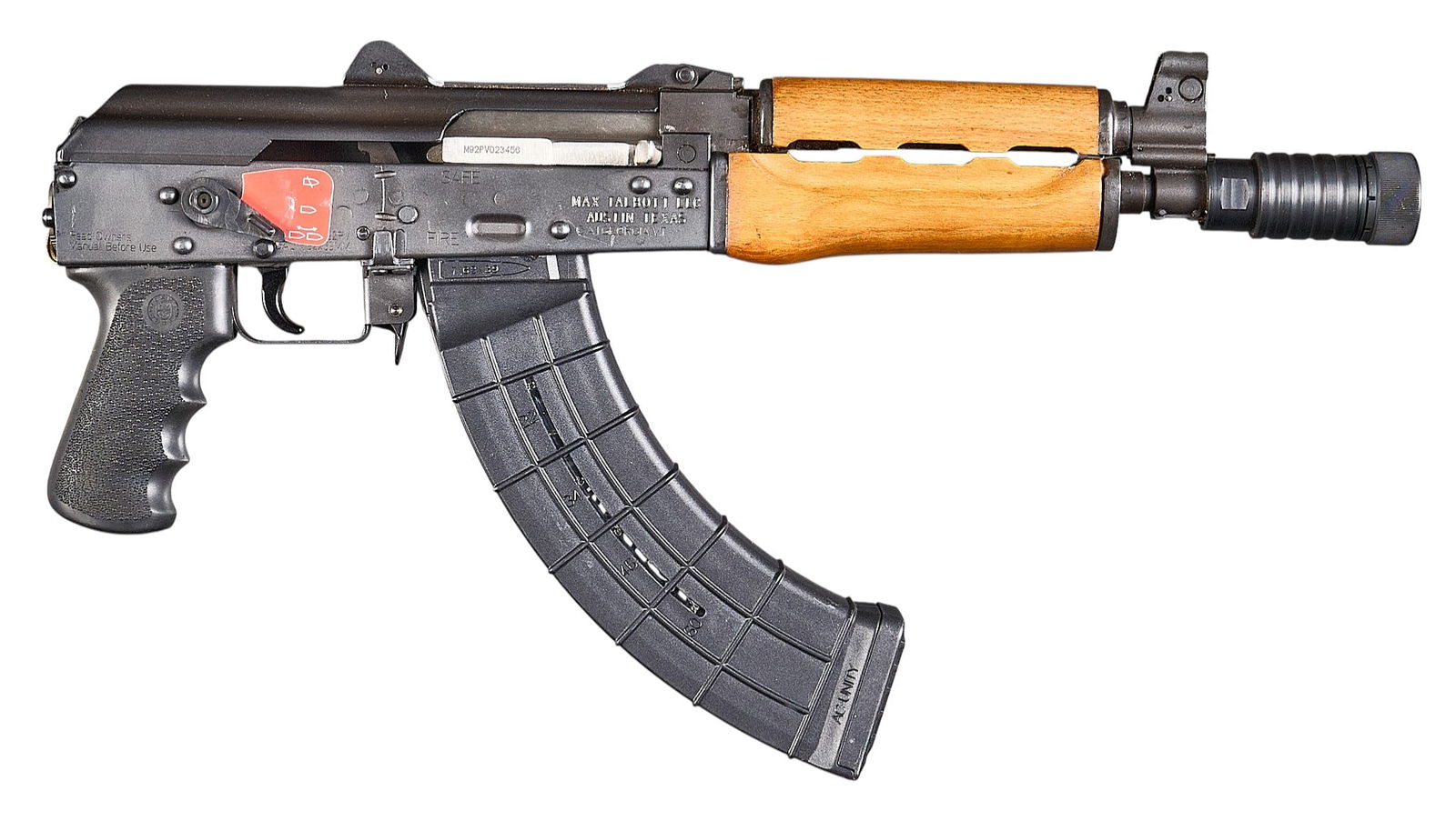 Zastava M92 7.62x39 Semi Auto Pistol W/ Binary Trigger: Serial: M92PV023456Manufacturer: Zastava-Serbia / Zastava USAModel: M92Caliber: 7.62x39Barrel Length: 12.5 in. w/ flash hiderOAL: 21 in.Condition: Very Good; light used condition; light handling marks