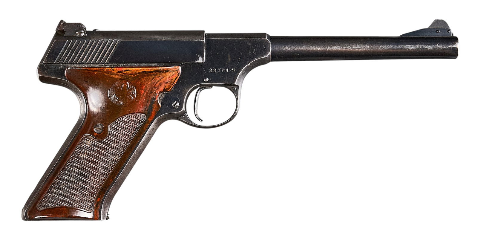 Colt Woodsman 2nd Series 22 LR Semi Auto Pistol: Serial: 38784-SManufacturer: Colt's PT. F.A. Mfg. Co. (c. 1950)Model: Woodsman (2nd Series)Caliber: 22 LRBarrel Length: 6 in.OAL: 10.25 in.Condition: Good; Coltwood grips (Bakelite) have moderate