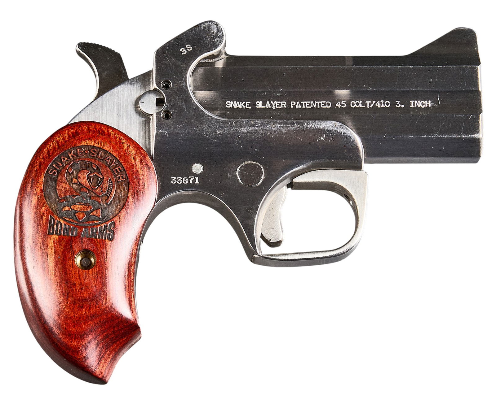 Bond Arms Snake Slayer 45 LC / 410 Over Under Pistol: Serial: 33871Manufacturer: Bond ArmsModel: Snake SlayerCaliber: 45 LC / 410 boreBarrel length: 3.5 in.OAL: 5.75 in.Condition: Good; moderate used condition; has scuffs & scratches; bores are good