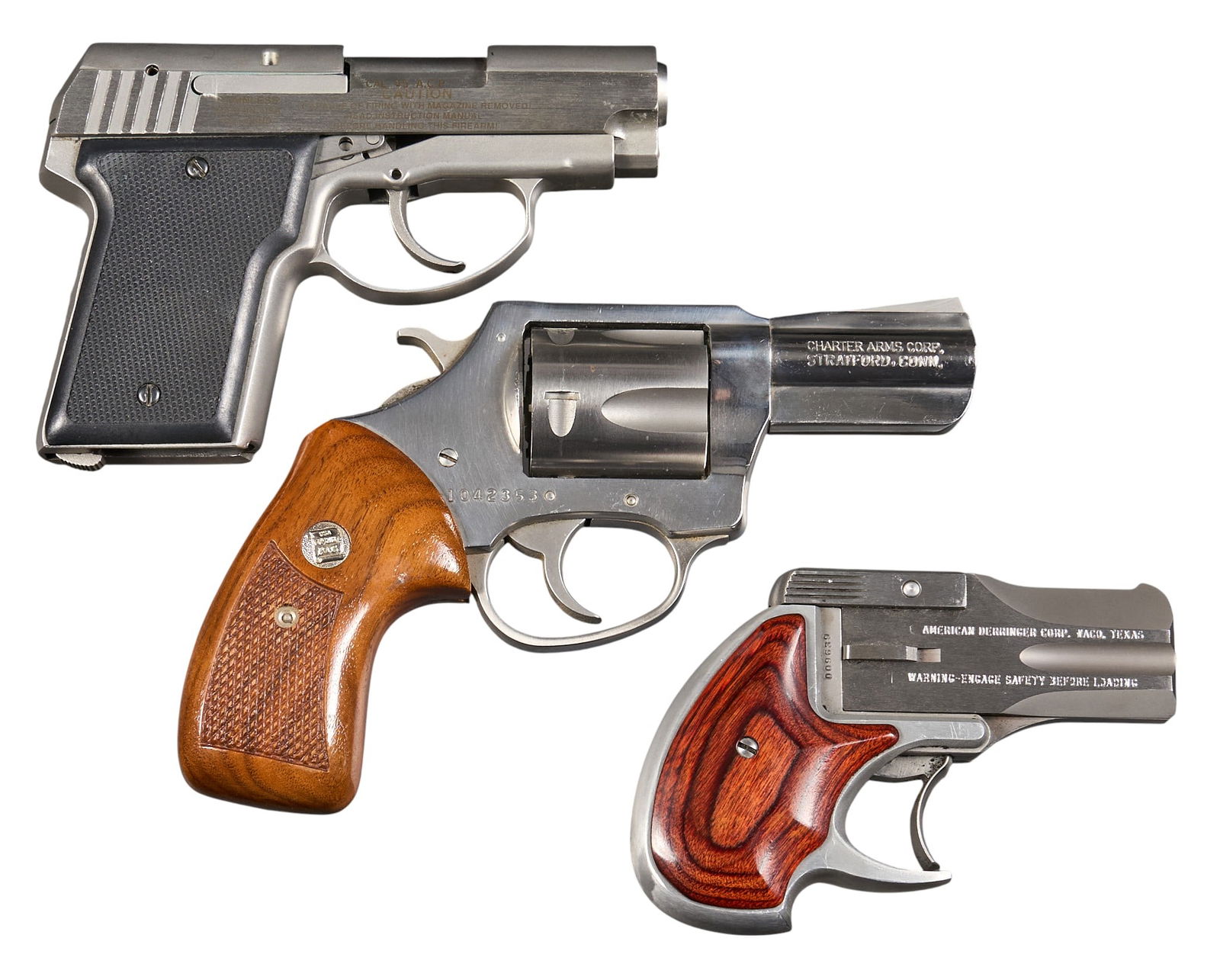 Lot of 3 Pistols: Serial: (1) 1042353 ;(2) DA12443 ; (3) 009639Manufacturer: (1) Charter Arms; (2) AMT; (3) American Derringer Corp.Model: (1) Bulldog Pug; (2) Back Up; (3) DACaliber: (1) 44Spl; (2) 45ACP; (3) 38SplCon