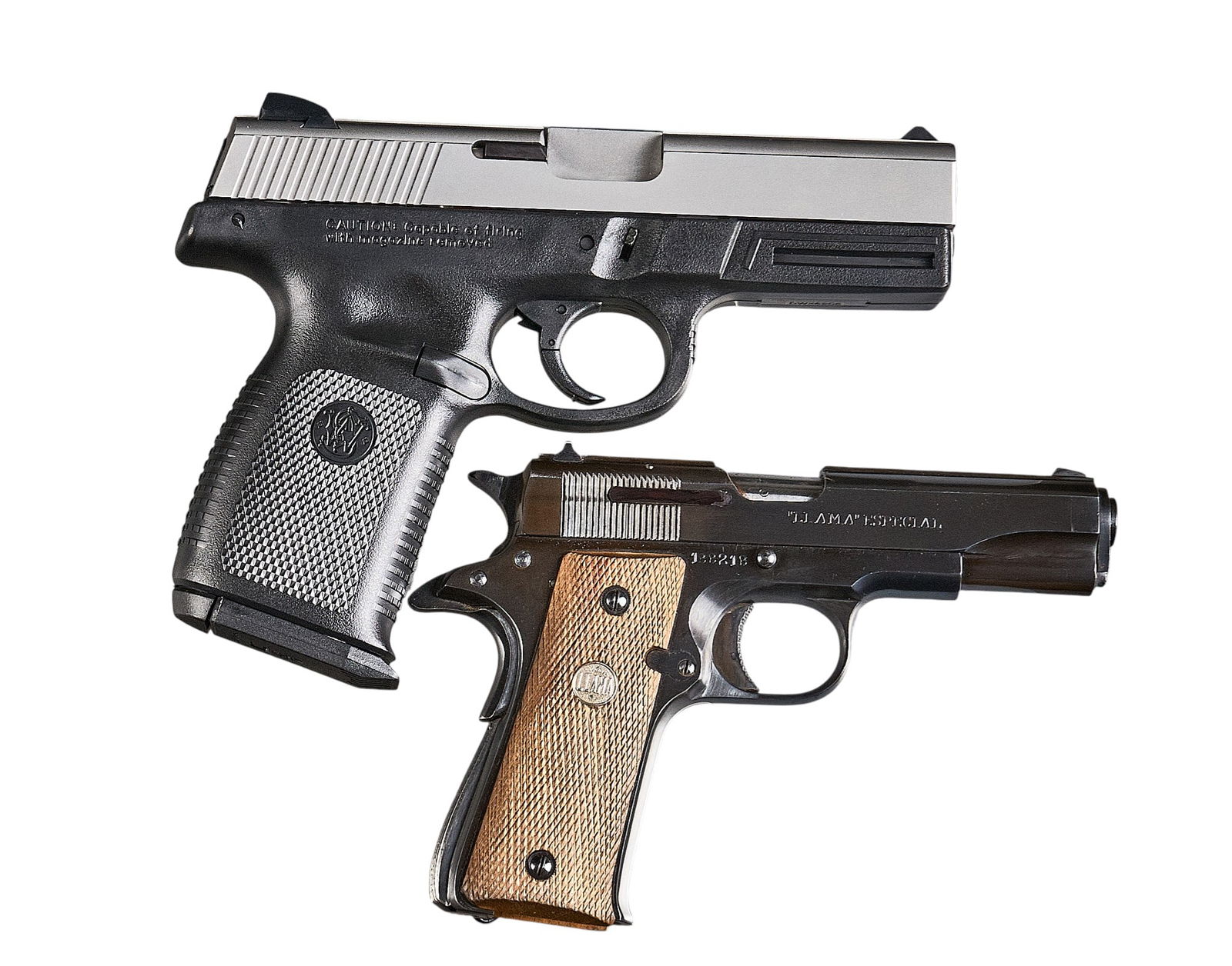 Smith & Wesson SW40VE 40 S&W & Llama Especial 380 ACP Pistols: Serial: (1) DWX6206 ; (2) 188218Manufacturer: (1) Smith & Wesson; (2) Model: (1) SW40VE; (2) Llama EspecialCaliber: (1) 40 S&W; (2) 380acpBarrel length: (1) 4 in.; (2) 3.75 in.OAL: (1) 7.