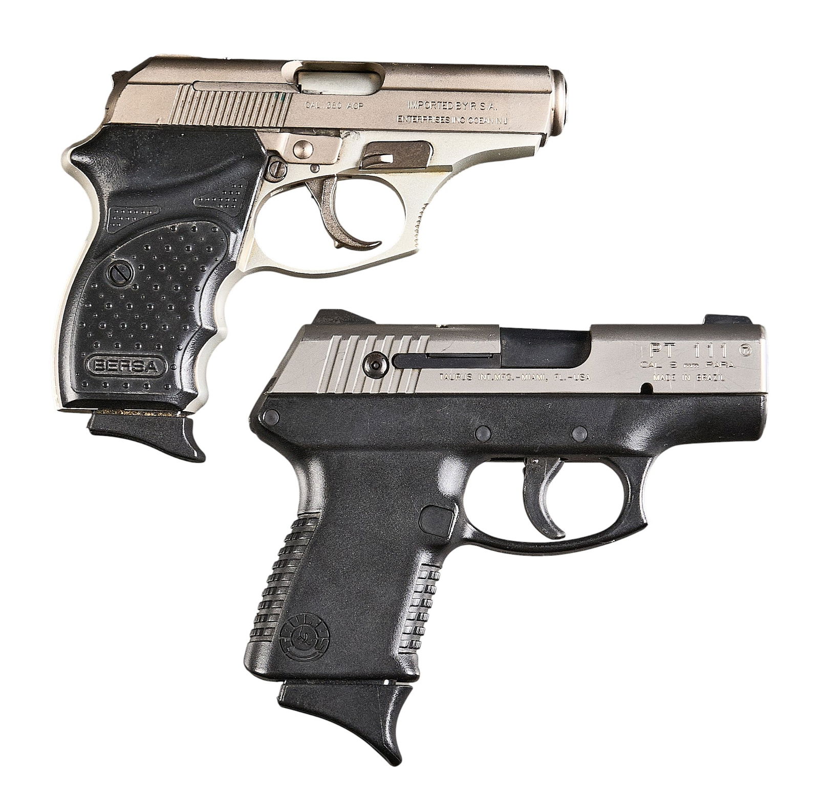 (Pair) Taurus PT 111 and Bersa Thunder 380cc Semi Auto Pistols: Serial: (1) TVH43231; (2) 907438Manufacturer: (1) Taurus; (2) Bersa-Argentina/RSAModel: (1) PT 111 Millennium Titanium; (2) Thunder 380ccCaliber: (1) 9mm; (2) 380 ACPCondition: Both have light-moderat
