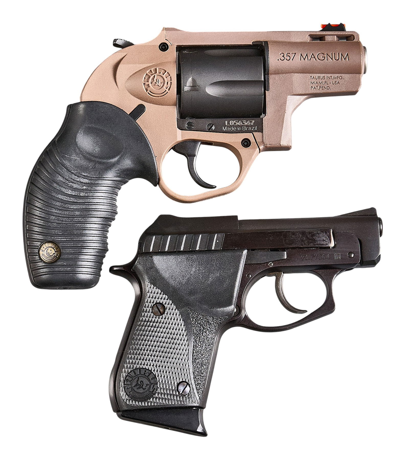 Taurus Protector Poly 357 MAG & PT-22 22 LR: Serial: (1) L056367 ; (2) Z077004Manufacturer: TaurusModel: (1) Protector Poly; (2) PT-22Caliber: (1) 357 MAG; (2) 22LRBarrel length: (1) 2 in.; (2) 2.75 in.OAL: (1) 6.5 in.; (2) 5.25 in.Condition: Go