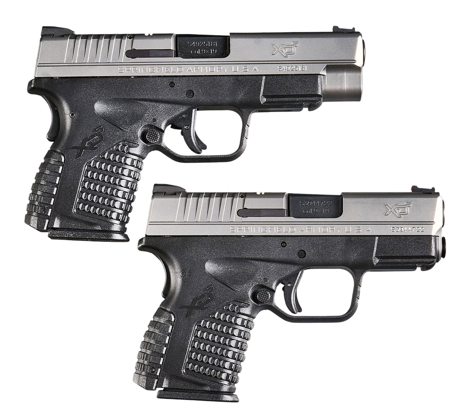 Pair of Springfield XDS-9 9mm Semi Auto Pistols: Serial: (1) S3944722 ; (2) S4925181Manufacturer: Hs Produkt - Croatia / Springfield ArmoryModel: XDS-9Caliber: 9mmBarrel length: (1) 3.3 in.; (2) 4 in.OAL: (1) 6.25 in.; (2) 7 in.Condition: Very Good;