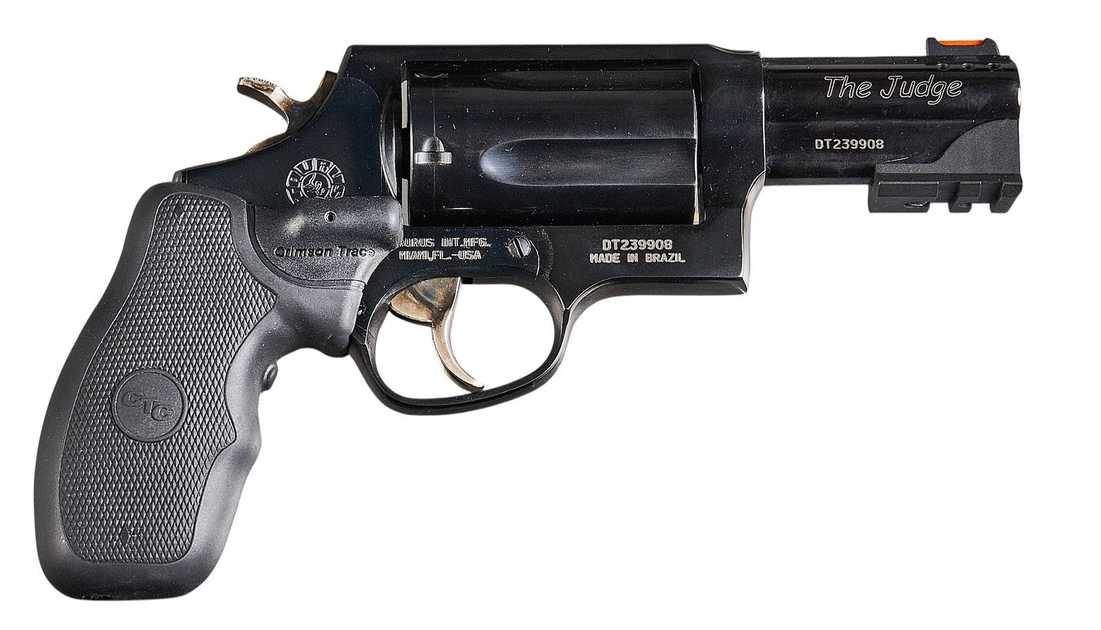 Taurus Judge 45 LC / 410 Bore Revolver: Serial: DT239908Manufacturer: TaurusModel: The JudgeCaliber: 45LC/410 BoreBarrel length: 3 in. (Ported)OAL: 8 in.Condition: Very Good; some very light wear & handling marks; bore is good & bri