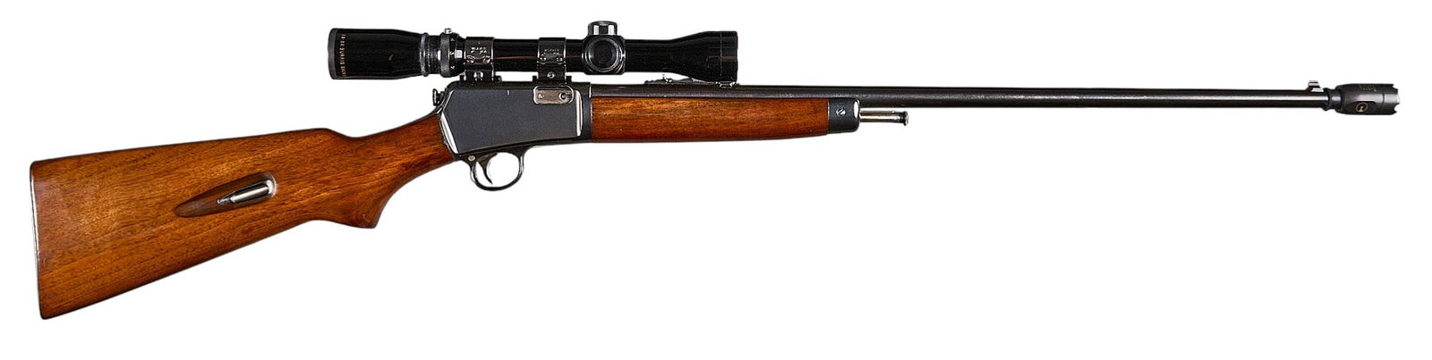 Pre-64 Winchester Model 63 22 LR Semi Auto Rifle W/ Scope: Serial: 91440AManufacturer: Winchester (c. 1950)Model: 63Caliber: 22 LRBarrel length: 23 in. (24.5 in. w/ muzzle device)OAL: 40.75 in.Condition: Good; wood stock & forend have moderate wear &
