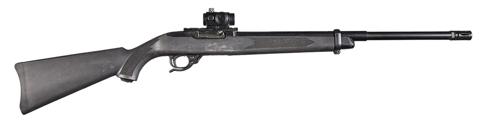 Customized Ruger 10/22 Semi Auto Rifle: Serial: 351-84820Manufacturer: RugerModel: Custom 10/22Caliber: 22 LRBarrel Length: 21 in. w/ flash hider OAL: 39.5 in.Condition: Fair; synthetic stock has moderate wear & scratches; custom b