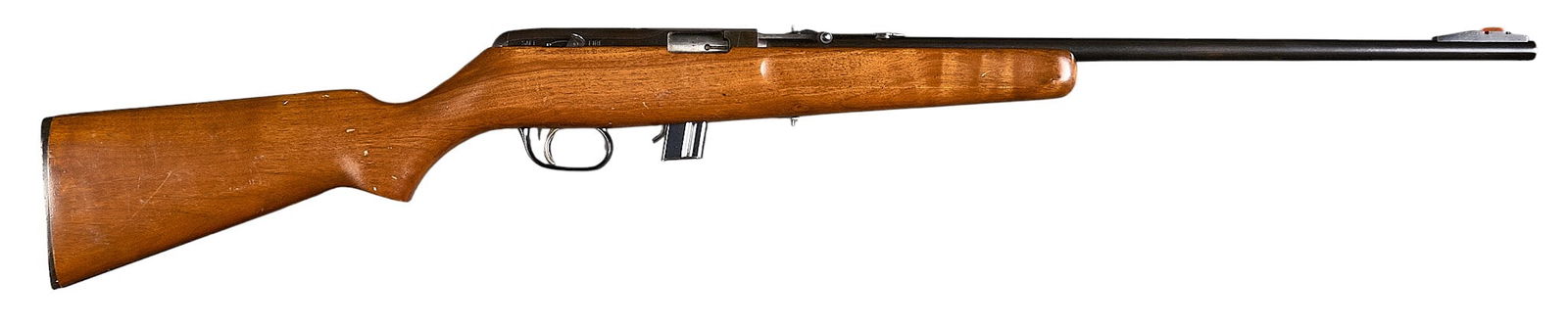 Ithaca X5 Lightning 22 LR Semi Auto Rifle: Serial: 7125-AManufacturer: Ithaca Gun Co. Inc. Model: X5 LightningCaliber: 22 LRBarrel length: 22 in.OAL: 41 in.Condition: Good; wood stock has light wear; barrel & receiver have light wear/