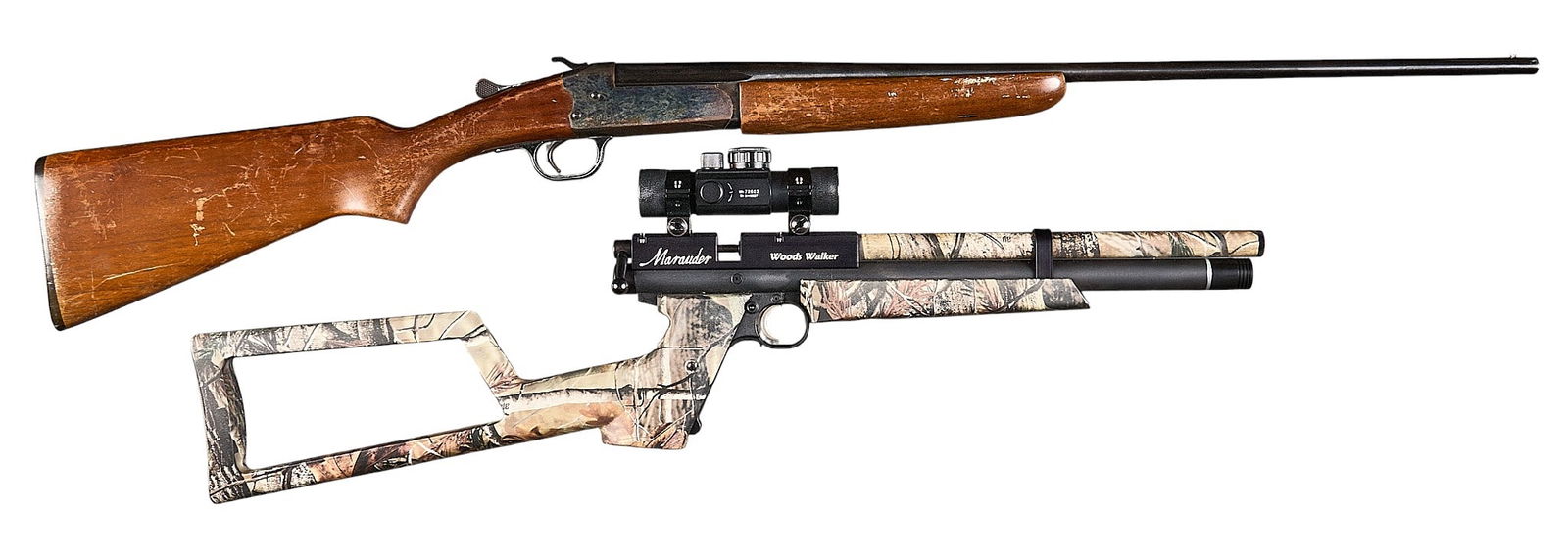 Savage Stevens Model 94C 410 Single Shot Shotgun W/ Marauder Air Rifle: Serial: NSNManufacturer: Savage Arms Corp. Model: Stevens Model 94CCaliber: 410 boreBarrel Length: 26 in.OAL: 42.25 in.Condition: Fair-Good; wood stock & forend have moderate wear; barrel has