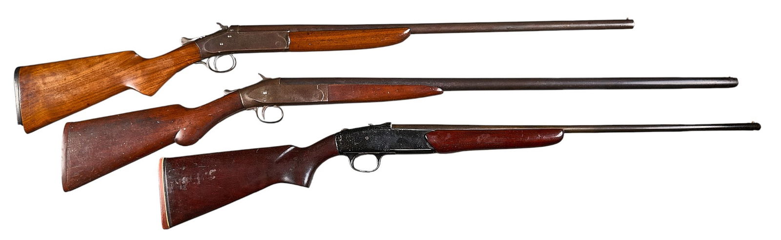 Collection of 3 410-20-12 Gauge Single Shot Shotguns: Serial: (1) 85888; (2) TBIG; (3) EJN110Manufacturer: (1) Armory Gun Co.; (2) Iver Johnson Arms & CW; (3) Montgomery Ward & Co.Model: (1) Single Sot; (2) Champion; (3) Hawthorne-VulcanCaliber: