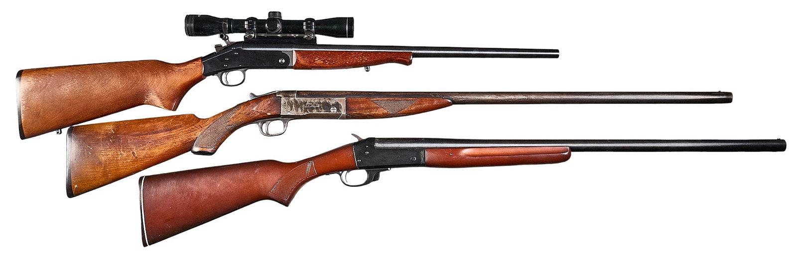 Pair of Single Shot 12 GA Shotguns & Single 223 Rem. Rifle: Serial: (1) NSN ; (2) D865131 ; (3) NG221547Manufacturer: (1) J. Stevens; (2) Sears Roebuck; (3) New England FirearmsModel: (1) Single Shot; (2) Sears Single Shot; (3) Handi Rifle SB2Caliber: (1 &