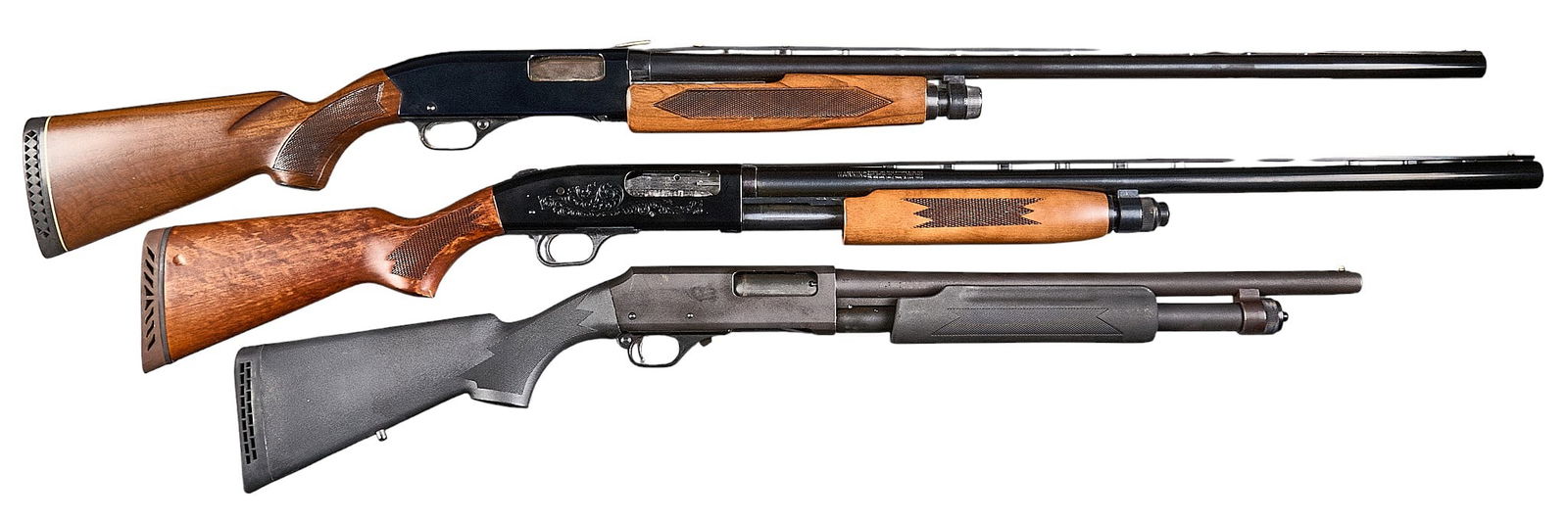 Lot of 3 12 GA Pup Action Shotguns: Serial: (!) L1215868 ; (2) UM125949 ; (3) NZ563565Manufacturer: (1) Winchester; (2) Mossberg; (3) Hawk Industries-China / H&RModel: (1) 1200; (2) 835 Ulti-Mag; (3) Pardner PumpCaliber: (1 & 3)