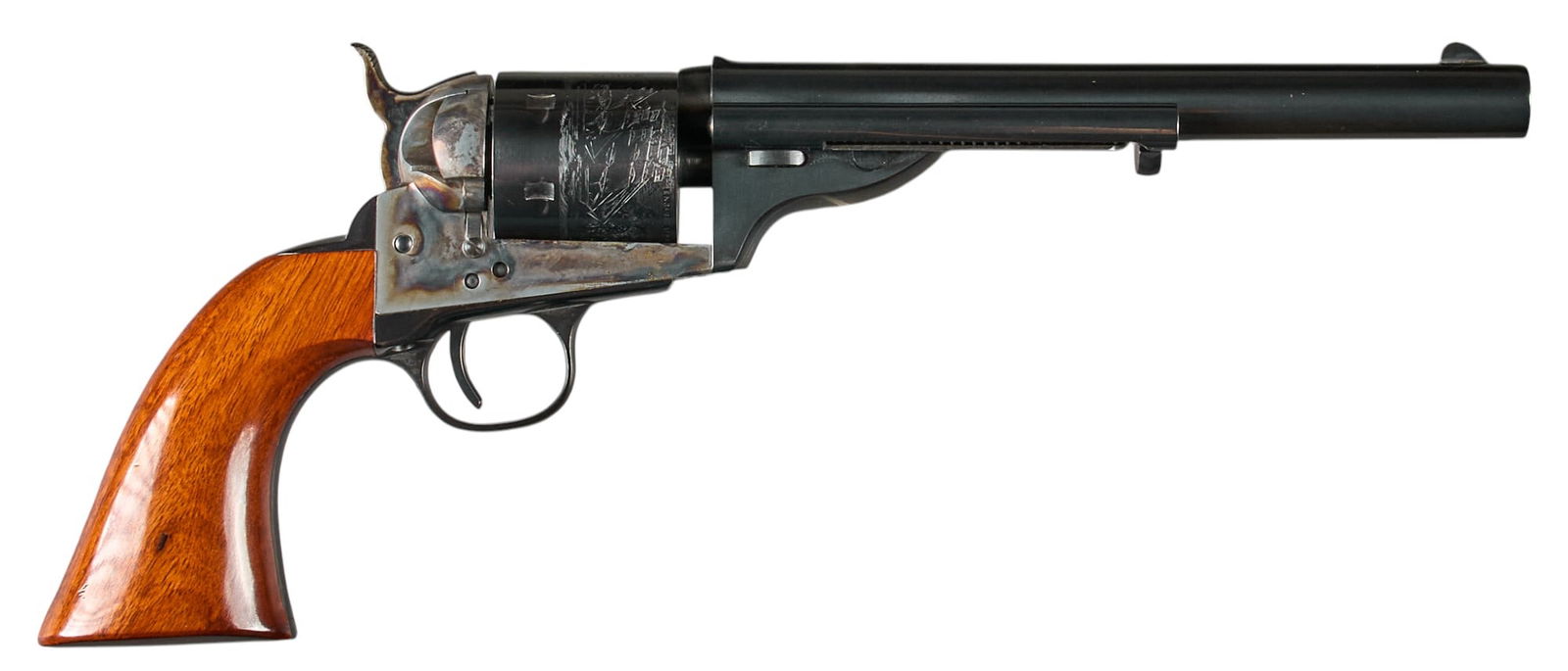 Uberti Cimarron Model 1871-1872 Open Top 38 Cal. Revolver: Serial: X13768Manufacturer: Uberti-Italy / Cimarron - Fredericksburg, TXModel: Colt 1871-1872 Open TopCaliber: 38 Colt & 38 S&W SPLBarrel length: 7.5 in.OAL: 13 in.Condition: Good; wood grips