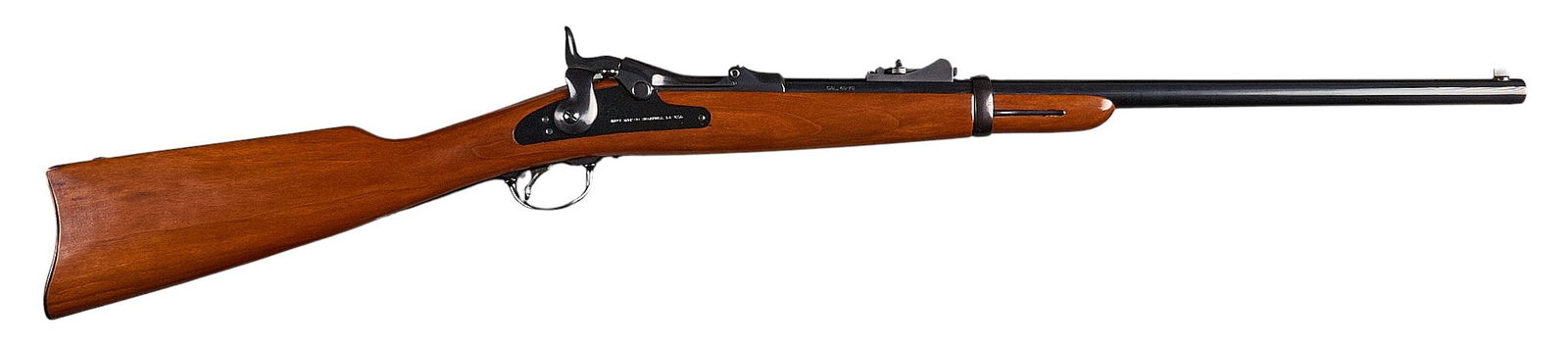 Navy Arms 1873 Springfield Trapdoor 45-70 Cavalry Carbine: Serial: C050Manufacturer: Pietta-Italy / Navy Arms Co. Model: 1873 Springfield Cavalry CarbineCaliber: 45-70 Govt.Barrel Length: 22 in.OAL: 41.5 in.Condition: Very Good; very light handling marks