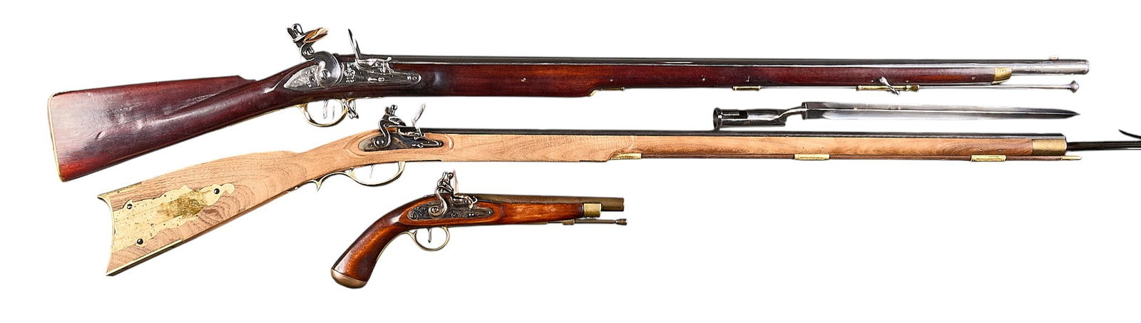 Collection of 3 Contemporary Flintlock Arms: Includes:-Replica British Tower Flintlock 75 cal. Musket w/ bayonet; chromed barrel, lockplate & bayonet; brass sideplate & trigger guard; leather wrapped flint in jaws; good condition w/ ligh