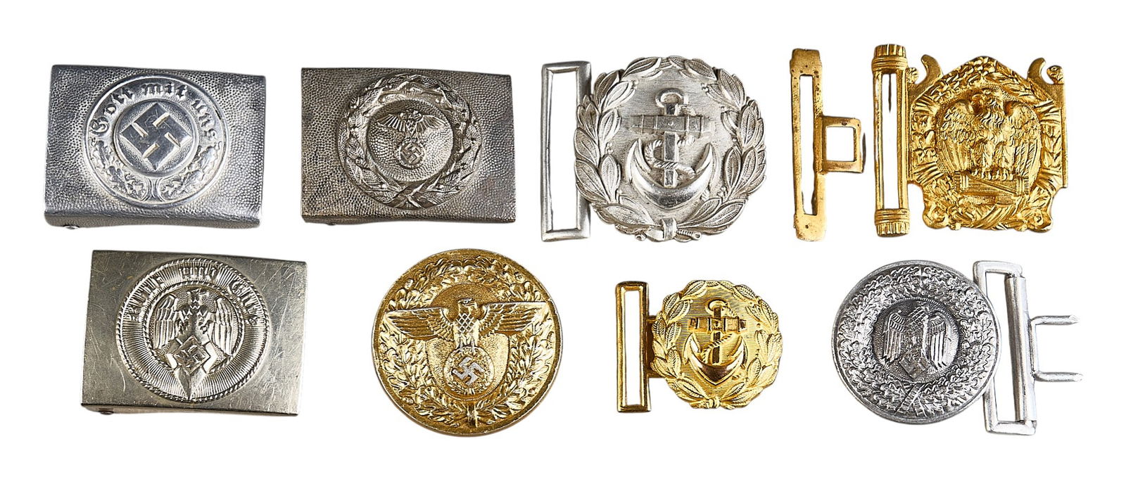 Collection of 8 WWII German Belt Buckles: Includes: -1) Kriegsmarine officer dagger buckle; gilted wreath around anchor-2) Wehrmacht officers parade dress buckle; aluminum oak leaf wreath around Wehrmacht eagle-3) NSDAP RZM Leader's