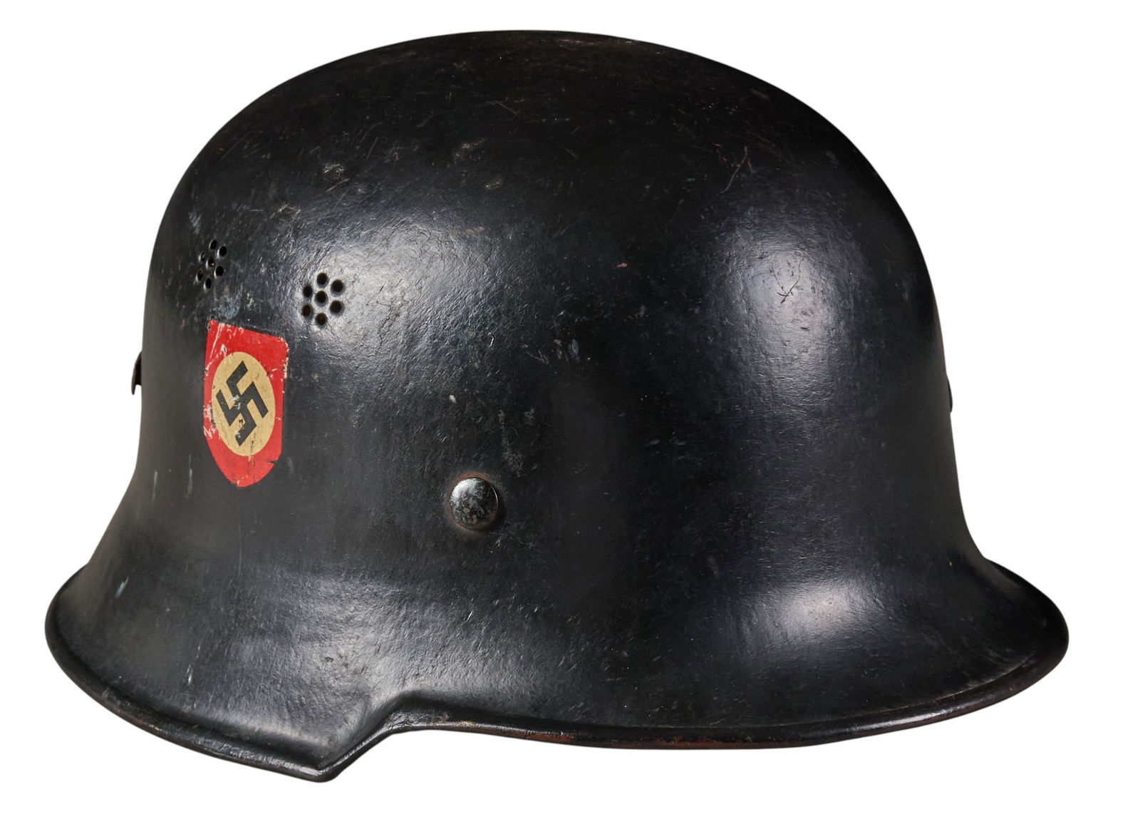WWII German M34 Fire Police DD Helmet: WWII German M34 double-decal Fire Police helmetIncludes: -left side has a Feldgendarmerie (combat police) decal-right side has a party shield decalCondition: commensurate w/ age; modera